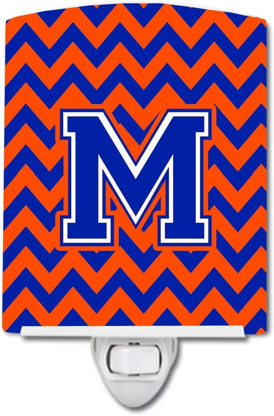 Caroline's Treasures CJ1044-MCNL Letter M Chevron Orange and Blue Ceramic Night Light Compact, UL-Certified, Ideal for Bedroom, Bathroom, Nursery, Hallway, Kitchen, 6x4x3, Multicolor