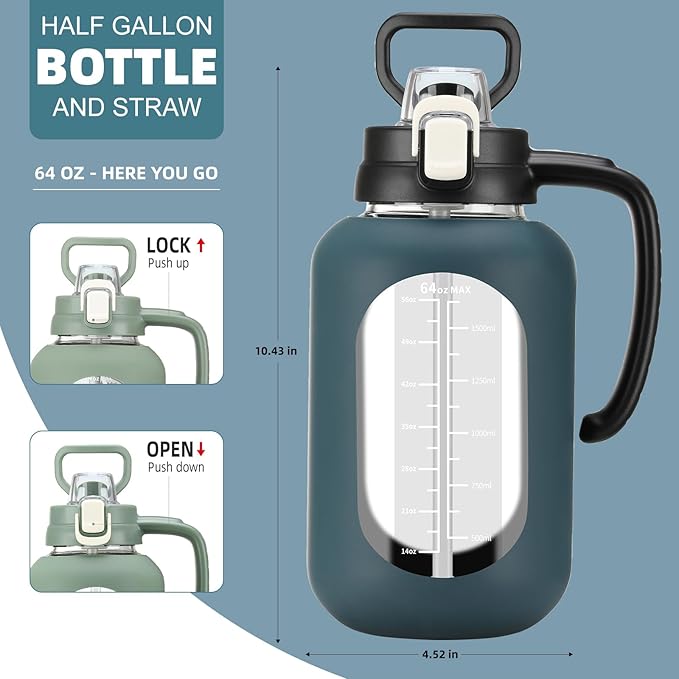 64oz Glass Water Bolttles Half Gallon Large Motivational Water Bottle with Time Marker Sports Water Bottles with Silicone Sleeve and Handle Lid Water Jug for Gym Workout-1 Pack