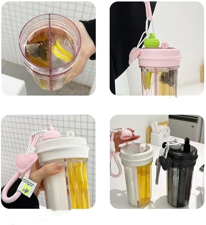 Creative Water Cup,One Cup of Two Different Drinks Two Straws Couple 850ml Outdoor Drinking Cup for Camping Hiking Backpacking Travel Office