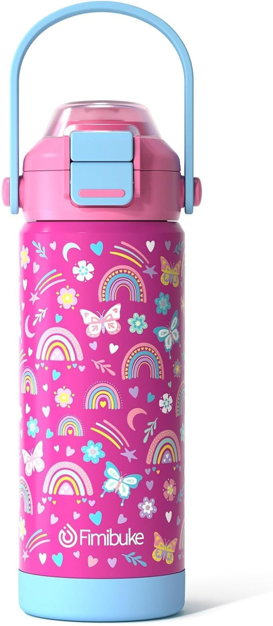 Fimibuke Kids Insulated Water Bottle with Pop-Open Straw & Spout 2-in-1 Lid, 18oz Leak Proof 18/8 Stainless Steel Vacuum Tumbler, BPA-Free Kids Cup For Travel School Boys Girls Toddler (1Pack,Rainbow)
