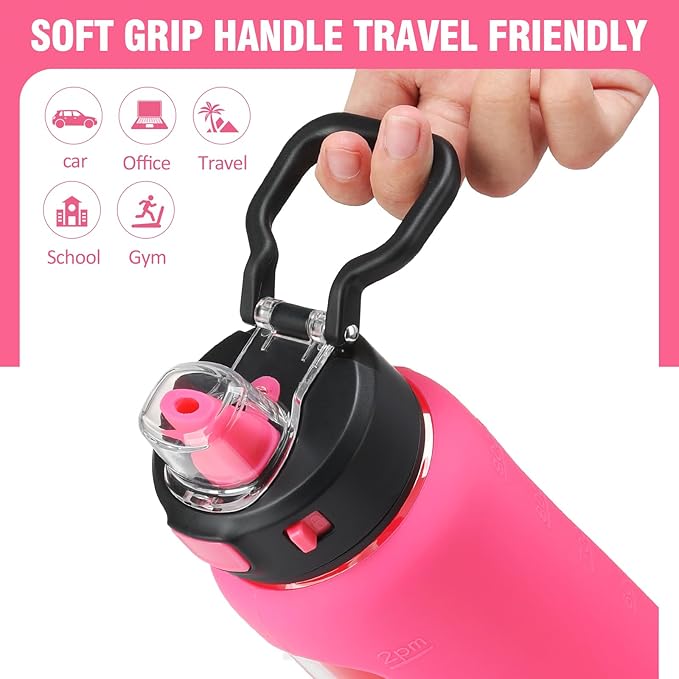 Kodrine 32 oz Glass Water Bottle with Soft Silicone Spout, Locking Lid, and Carry Loop, Rose Red