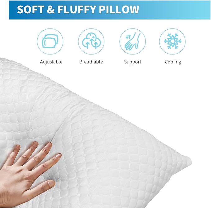 Shredded Memory Foam Pillows, Bed Pillows King Size Set of 2, Cooling Pillows for Sleeping, Adjustable Firm Pillows for Side Back and Stomach Sleepers, Bed Pillows with Washable Removable Cover