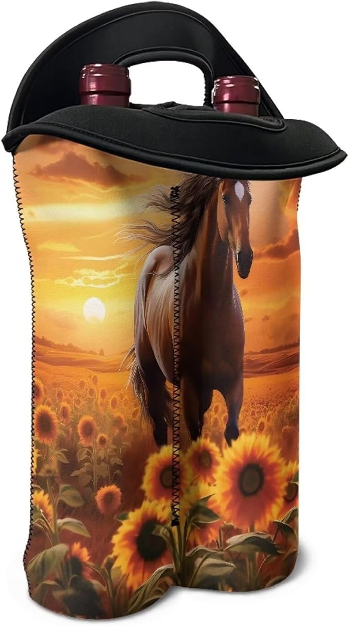 doginthehole Horse Sunset Insulated Wine Tote Neoprene Wine Carrier Bag Sunflower Print Champagne Carrying Bag 2 Bottle Wine Gift Bag for Women Men Portable Wine Travel Bag