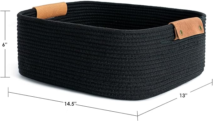 CHICVITA Rectangle Cotton Rope Woven Basket with Handles for Books, Magazines, Toys - Decorative Rectangle Basket for Baby Nursery, Living Room, Bathroom, Black