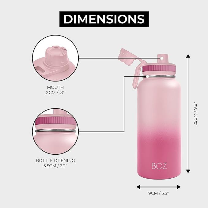 BOZ Stainless Steel Water Bottle - Vaccum Insulated Water Bottle 32 Oz - Wide Mouth BPA Free Sport Water Bottle for Gym with Spout Lid - Thermal Hot & Cold 1 Litre Gradient Pink Waterbottle