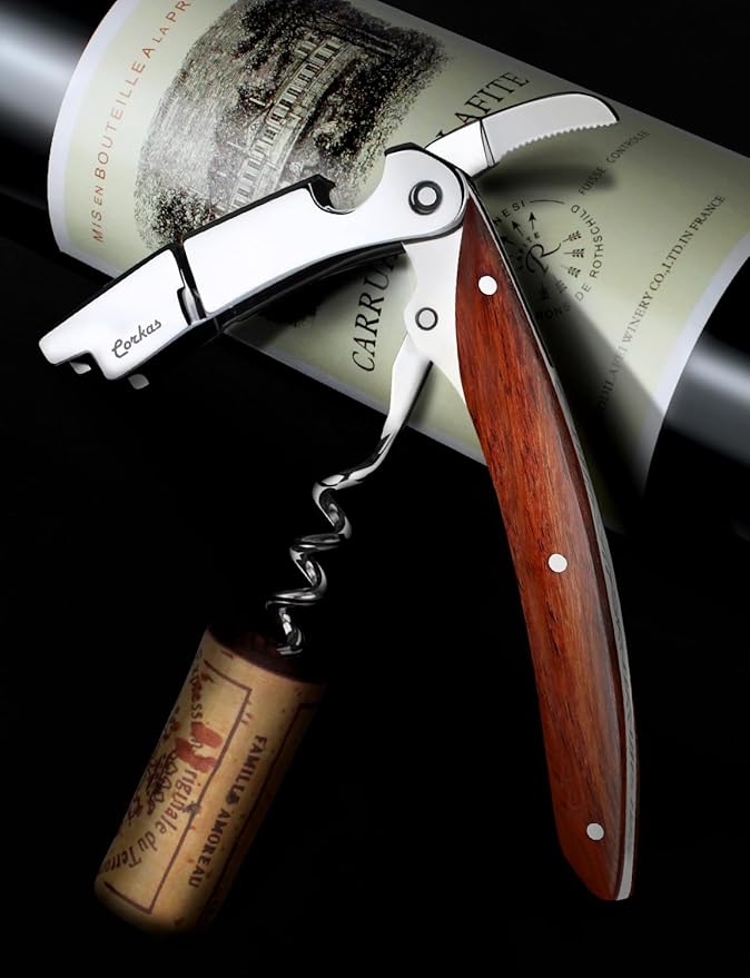 Wine Key - CORKAS Prestige Waiter Corkscrew with Rosewood Handle, Handcrafted Wine Opener Manual with Double Hinged, Foil Cutter and Bottle Opener, Ideal Gifts for Sommelier, Bartenders, Servers