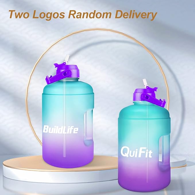 QuiFit 1 Gallon Water Bottle - with Straw & Motivational Time Marker Leak-Proof BPA Free Reusable Gym Sports Outdoor Large(128OZ) Capacity Water Jug(Green/Purple Gradient,1 Gallon)
