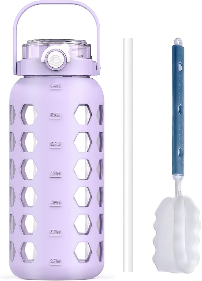 MUKOKO Half Gallon/64 oz Glass Water Bottles with Straw and Lid,Motivational Water Jug with Time Marker Reminder and Silicone Sleeve,100% Leakproof BPA Free Fitness Sports Large Bottle-Purple