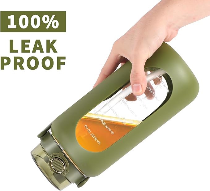 64oz Glass Water Bottle with Straw and Handle - Half Gallon Motivational Water Jug with Time Marker and Silicone Sleeve, Leak proof Wide Mouth Water Flask for Gym, Sports, and Daily Use (Green)