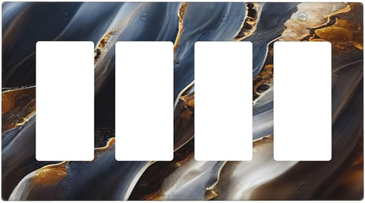 Gradient Abstract Ripple Blue Gold Marble Printed 4 Gang Rocker Decora Light Switch Cover Outlet Covers Wall Plate Decorative Switchplate Electrical Faceplate GFCI for Kitchen Bathroom Bedroom Decor
