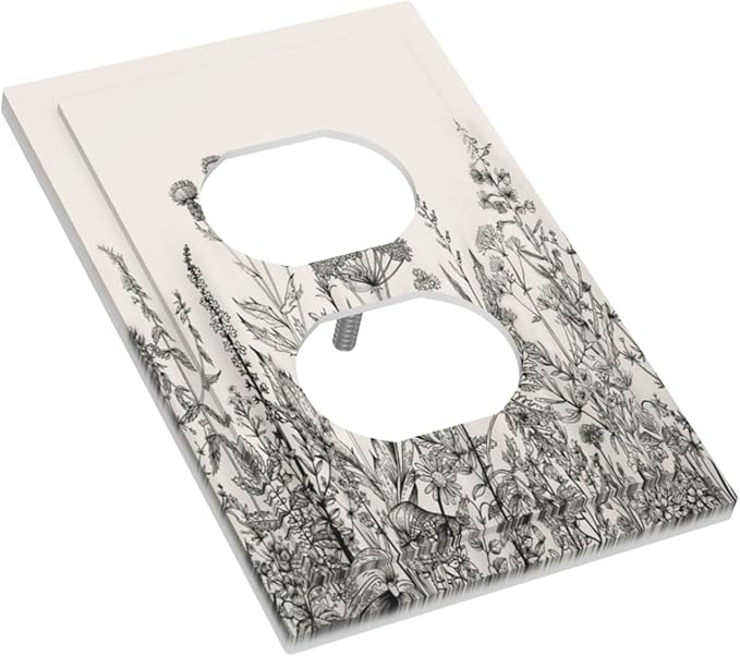 Vintage Grey Floral Herbs Wild Flowers Botanical Single Duplex Wall Plate Covers Boho Light Switch Cover 1 Gang Outlet Plate Decorative Country Electrical Receptacle Art Faceplate Switchplate