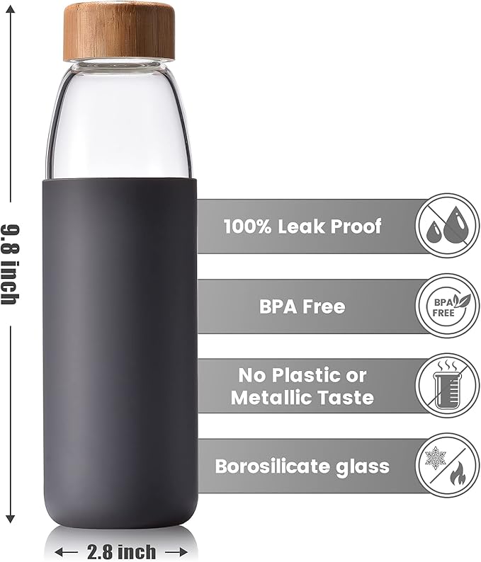 veegoal Glass Water Bottles 25 Oz Borosilicate with Bamboo Lid, BPA-FREE, Non-Slip Silicone Sleeve, and Stainless Steel Leak Proof Lid - Reusable Glass Bottle for Men and Women