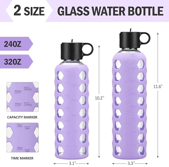 MUKOKO Glass Water Bottles, 24oz Glass Tumbler, Drinking Bottles with 2 Lids-Handle Flip Straw Lid&Bamboo Lid, Motivational Water Bottle with Time Marker and Silicone Sleeve, Leakproof-1 Pack-Purple