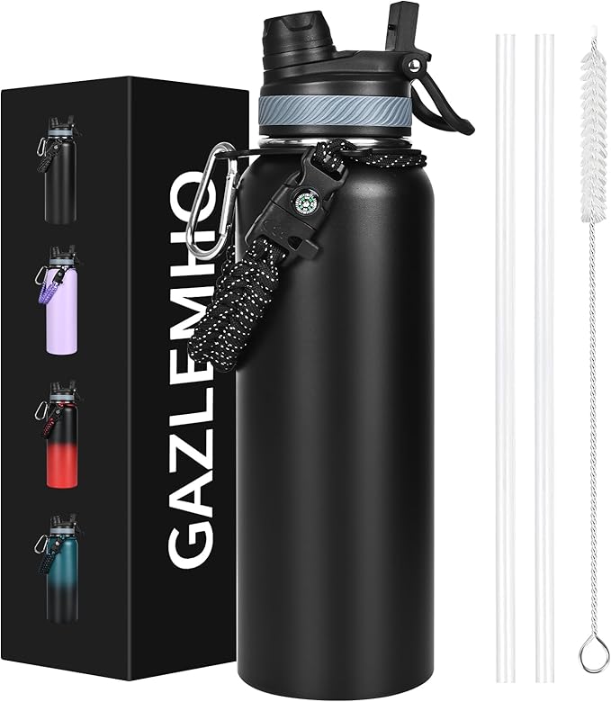 40 oz Insulated Water Bottle with Straw& Spout 2-in-1 Lid, Triple Wall Vacuum Stainless Steel Cold 48H, Leak Proof Sports Metal Flask Jug with Paracord Handle, Black
