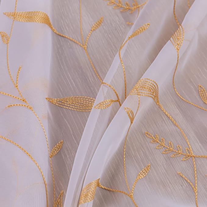 Windows Sheer Curtains Embroider Yellow Leaf 90 Inches Length 2 Panels Voile Light Filtering Sheer Curtains Panel Basic Rod Pocket for Bedroom Living Room Children Room