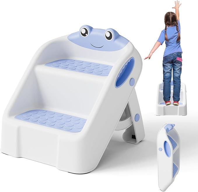 Toddler Step Stool, Easy to Fold Step Stool for Toddlers with Non-Slip Surface & Alphabet Patterns, Lightweight & Cute Kids Step Stool for Potty Training, Bathroom Sink, and Bedroom, Blue