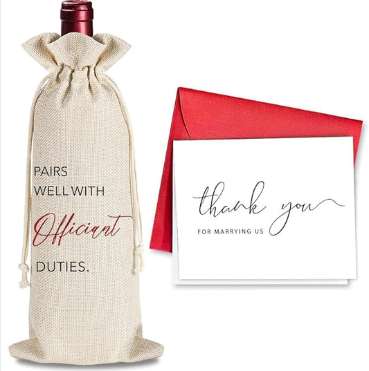 Wedding Gifts for Officiant, Wedding Officiant Wine Bag for Wedding Day, Best Officiant Ever, Pairs Well With Wedding Officiant, Drawstring Burlap Wine Bag, 1 Wine Bag With 1 Thankful Card (Red)