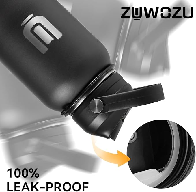 Water Bottle with Strap, 40oz Insulated Stainless Steel Water Bottle with Straw, Spout Lid & Handle, Metal Flask Jug with Carrier Bag, Great for Hiking, Sports & Gym, Black