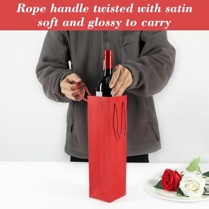 HRX Package Thick Kraft Paper Wine Tote Gift Bags for 1 Bottle, 12PCS Sturdy Paper Wine Gift Bags with Handles for Christmas, Party, Shopping, Retail Merchandise (Red)