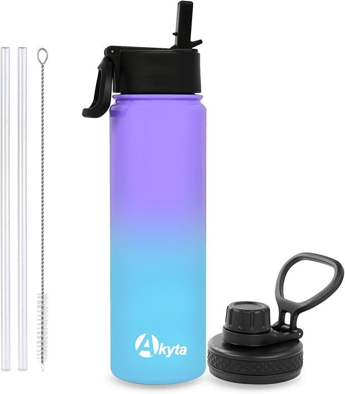 24 Oz Water Bottle, Sports Water Bottle with Straw Lid, Vacuum-Insulated Stainless-Steel, Double-walled Thermos Water Bottle for Hiking Biking (24 OZ, Purple Blue)