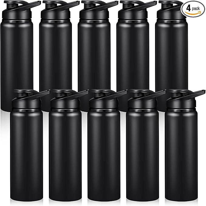 CHENGU 4 Pcs Aluminum Water Bottle 24oz Aluminum Reusable Bottles Lightweight Snap Lid Sports Water Bottle Multipack Easy Carry Leak Proof Travel Bottle for Gym Camping Hiking Outdoor Fishing (Black)