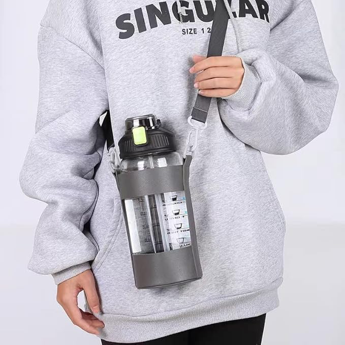 48oz Borosilicate Glass Water Bottle with Straw and Time Marker, Large Sport Water Jug with Adjustable Strap for Men Women (White)