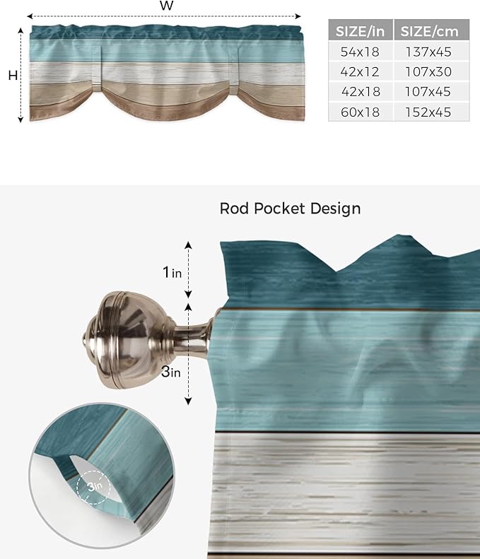 Farmhouse Blackout Tie Up Valance Curtains for Kitchen Windows,Teal Blue Brown Beach Window Toppers Balloon Shades for Living Room/Bathroom/Bedroom,1 Panel,42" X 12" Retro Rustic Barn Wood Texture
