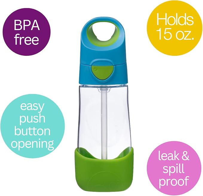 b.box Tritan Drink Bottle for Kids Toddlers, Water Bottle w/Flip Straw and Spill Proof Lid, Cool Modern Child Friendly Design, Best for After Sippy Cup, BPA Free Plastic, 15oz, Ocean Breeze