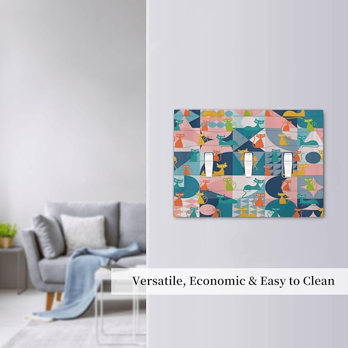 Mid Century Modern Atomic Cute Cats 3 Gang Light Switch Covers Triple Toggle Wall Plate Decorative Switchplate Electrical Faceplate for Kidroom Nursery Bedroom Decor