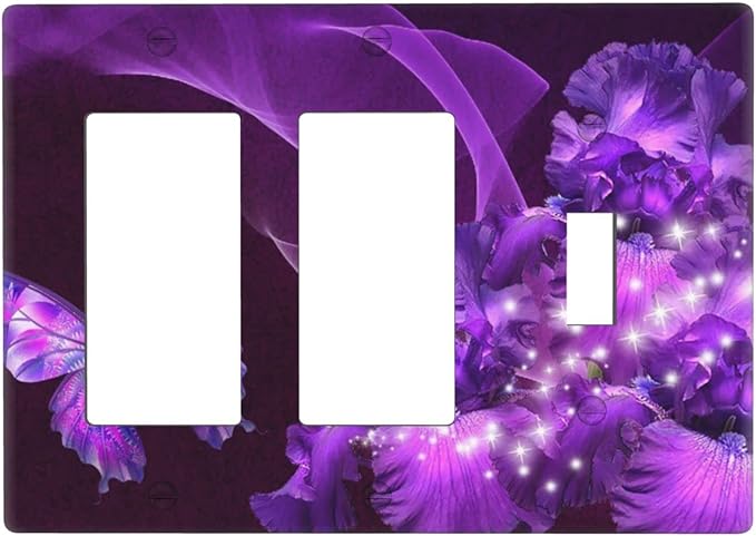 Purple Butterfly Flower Combo 2 Rocker 1 Toggle Light Switch Wall Plate Cover Decorative 3-Gang for Electrical Outlets Girls Room Bathroom Bedroom Home Kitchen Two Decora Receptacle 4.5" x 6.38"