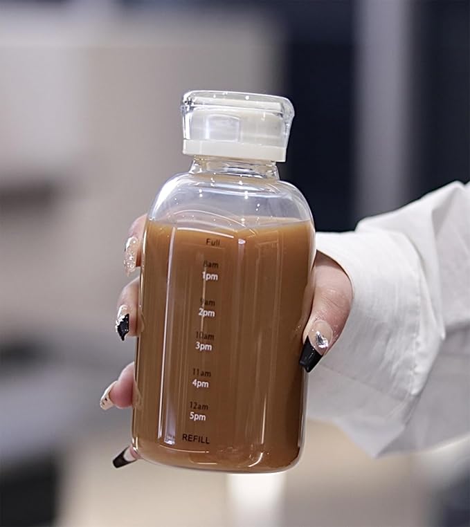 Glass Water Bottles With Double Lid,16OZ Clear Water Bottle With Time Marker,Water Bottle With Straw, Circle Water Bottle For Milk,Juice, Coffee(550ml,White)