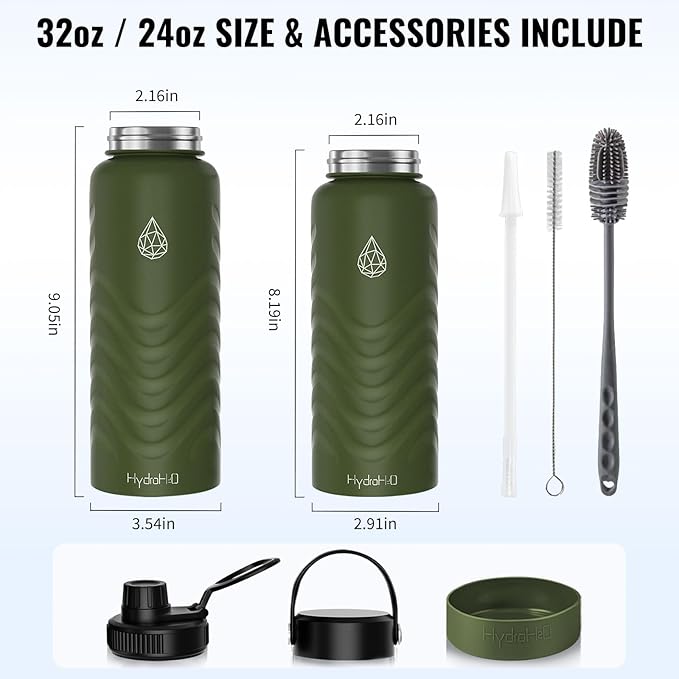 Insulated Water Bottle 32 oz - Green Water Bottle with Straw (Straw Lid & Spout Lid) & Silicone Handle & Boot - Wide Mouth Stainless Steel Water Bottles - BPA Free - (Green, 1000ml)