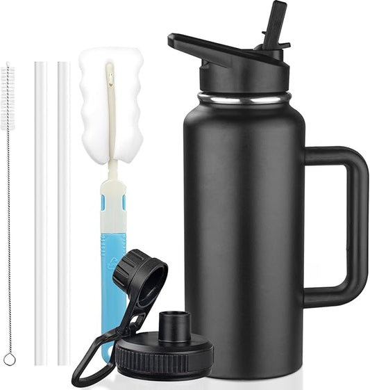 32oz Insulated Water Bottle with Handle, Stainless Steel Sports Metal Water Flask with Straw & 2 Leak Proof Lids, Double Walled Vacuum Wide Mouth Water Bottle for Travel, Camping, Gym Sports (Black)