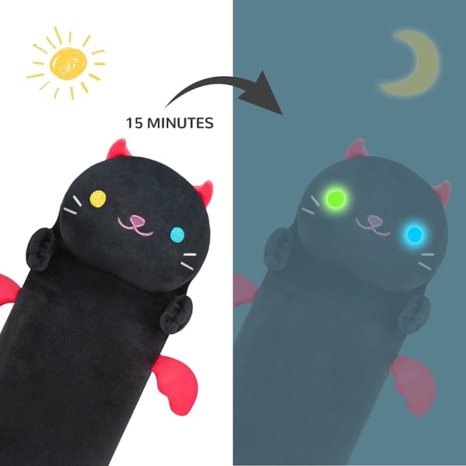 Long Cat Plush Body Pillow, 44” Luminous Light Up Black Cat Stuffed Animals Kawaii Night Light Plushies Pillow Glow in The Dark Gift for Girls Boys