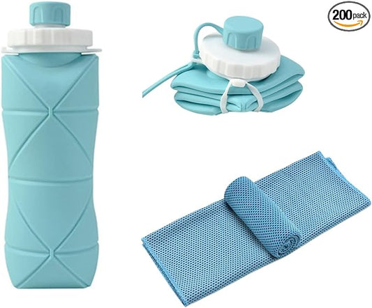 Gift for Father Day and Graduation, New Portable Silicone Collapsible Water bottle with Cooling Towel for Traveling and Outdoor Sports,600ml BPA Free Water Bottle,Summer Essentials (Blue)