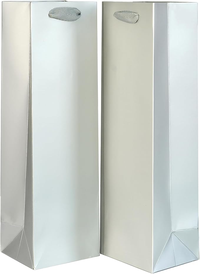 KEYYOOMY Wine Gift Bags - 10 Pack Silver Gray Kraft Paper Wine Bottle Gift Bags with Handles for Wedding Birthday Housewarming Christmas Party Supplies(10CT, 13.8x4.3x3.5 IN, Silver Gray)