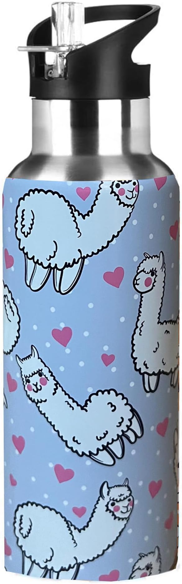Cute Llama Animal Sport Water Bottle with Straw, Vacuum Insulated Stainless Steel Thermal Drinking Travel Mug Cups For Gym Fitness Camping-20oz/600ml, Gray