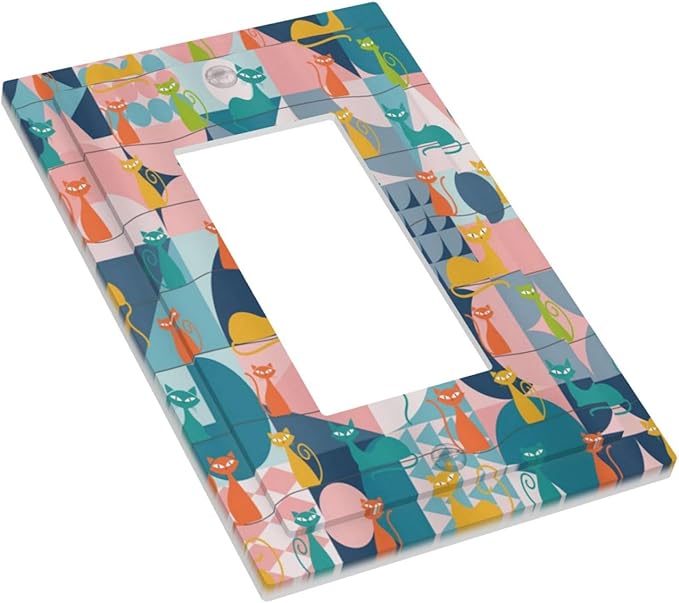 Mid Century Modern Atomic Cute Cats 1 Gang Rocker Light Switch Covers Single Decora Outlet Wall Plate Decorative Switchplate Faceplate GFCI for Kidroom Nursery Bedroom Decor