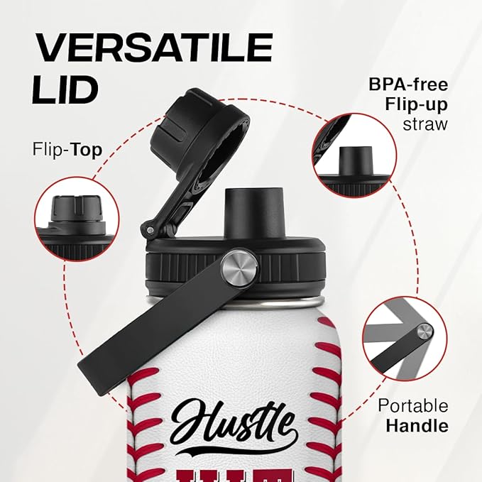 SANDJEST Baseball Water Bottle 32oz Hustle Hit Never Quit Stainless Steel Insulated Bottles for Men Women Sports Lovers Baseball Fan Players Coach Baseball Gifts for Birthday Christmas