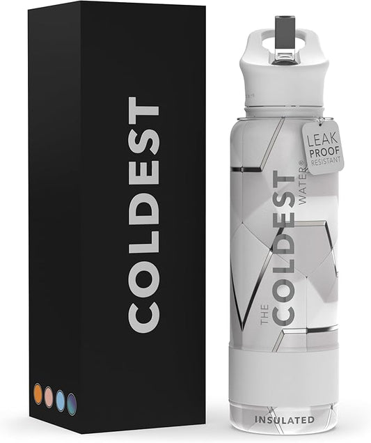 Coldest Sports Water Bottle with Straw Lid Vacuum Insulated Stainless Steel Metal Thermos Bottles Reusable Leak Proof Flask for Sports Gym (40 oz, Geometrix White)