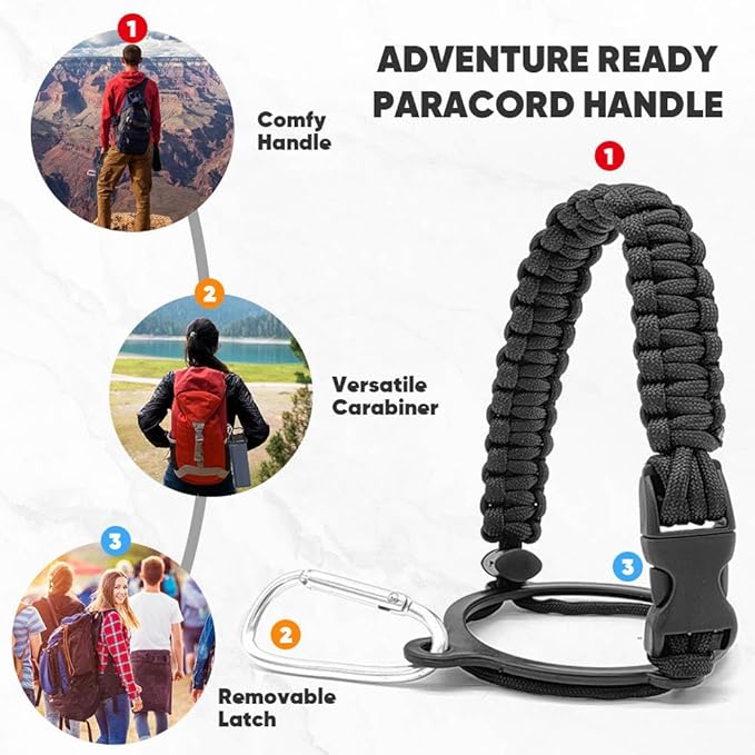 Hayer's Water Bottles 32oz Stainless Steel Insulated Hot & Cold Water Bottle with Straw and Spout 2 in 1 Lid with Paracord Travel Water Bottle Handle.