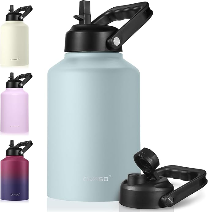 CIVAGO Gallon Insulated Water Bottle Jug with Straw, 128 oz Large Stainless Steel Sports Metal Water Canteen with Handle, Big Thermal Water Cup Mug with 2 Lids for Camping & Fishing, Sage