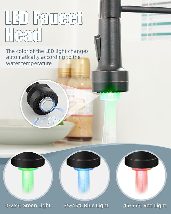 Bronze Kitchen Faucet with Sprayer, Kitchen Faucet with Soap Dispenser,Ktchen Faucets with Pull Down Sprayer,Single Hole Kitchen Sink Faucet with LED light,Oil Rubbed Faucet for Kitchen Sink