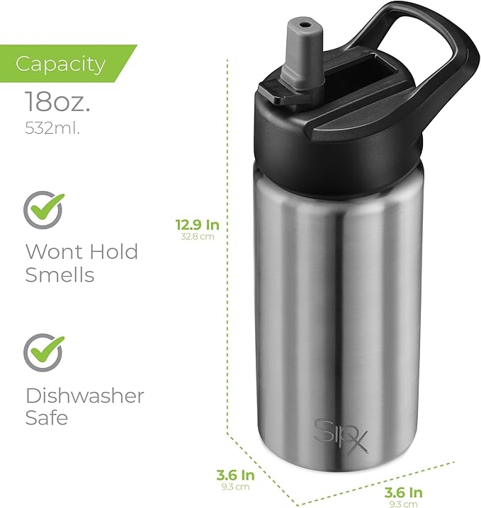 SipX™ Triple-Insulated Stainless Steel Water Bottle 18oz. With 3 Lids, BPA-Free Reusable Insulated Water Bottle Keeps Cold 24 Hours, Metal Water Bottle Made Of Sustainable Material For Hiking & Biking