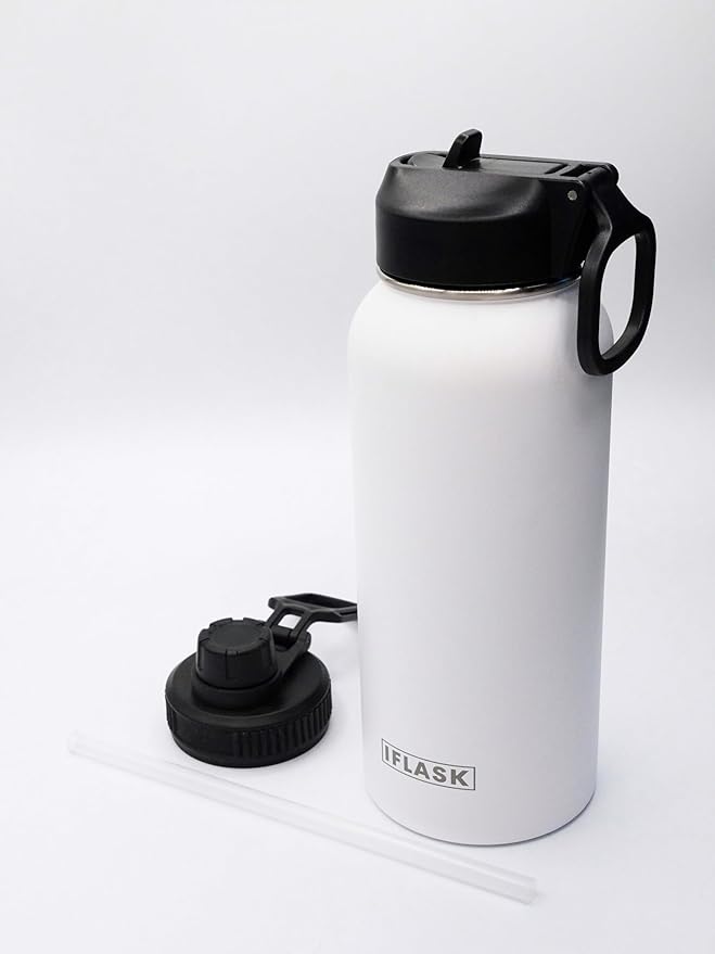 Sport Travel Outdoor Water Bottle with Spout and Straw Lids | Leak Proof | Insulated Stainless Steel Double Walled | BPA and Sweat free | Hot & Cold | For Kids Men & Women (White, 32 oz)