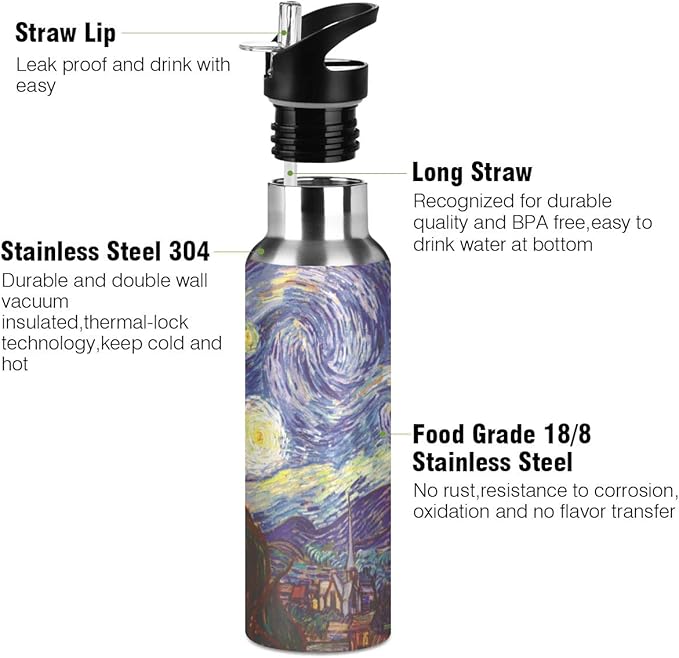 Van Gogh The Starry Night Sports Water Bottle, 22 Oz BPA Free Non-Toxic Stainless Steel Water Bottle with Straw for Gym Yoga Fitness Camping