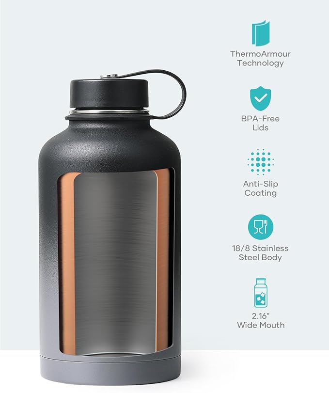 Insulated Water Bottle 64 oz with Straw Lid and Flex Lid, BUZIO 64oz Stainless Steel Water Bottle Half Gallon Jug Flask, Double Wall Vacuum Sports Thermo Mug, Cold Hot Hydro Metal Canteen