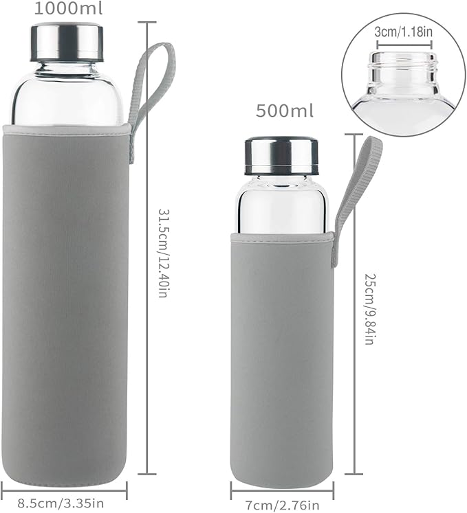 Borosilicate Glass Water Bottle, Sports Glass Drinking Bottle with Neoprene Sleeve and Stainless Steel Lid 16oz / 32oz