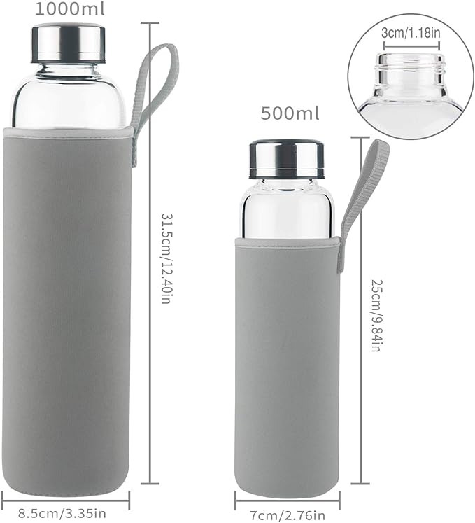 Borosilicate Glass Water Bottle, Sports Glass Drinking Bottle with Neoprene Sleeve and Stainless Steel Lid 16oz / 32oz
