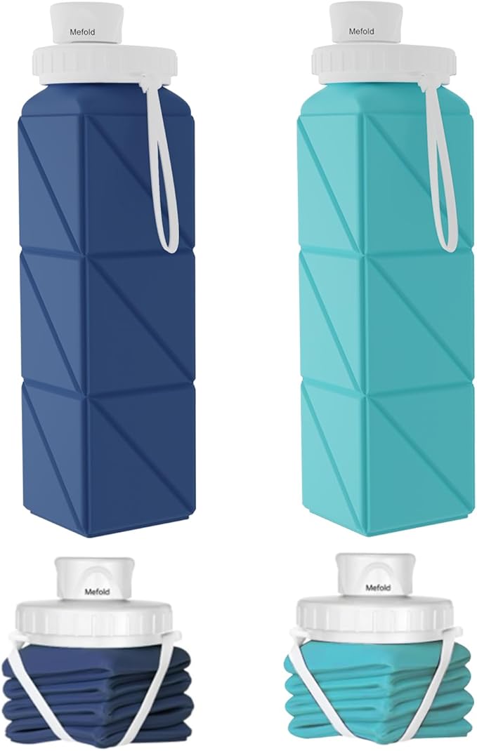 Collapsible Water Bottles, 2 Pack Leakproof BPA-Free Silicone Foldable Portable Water Bottle 610ml,Lightweight 21oz Reusable Wide Mouth Water bottle for Travel Cycling Gym Camping Sports